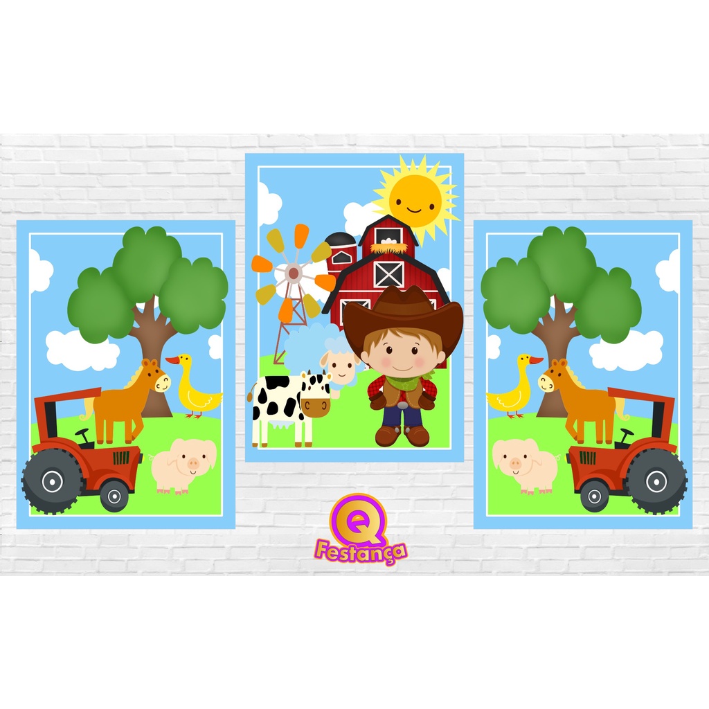Poster Fazendinha 30x40cm - KIT COM 3 POSTER- Decoração Festa Aniversário
