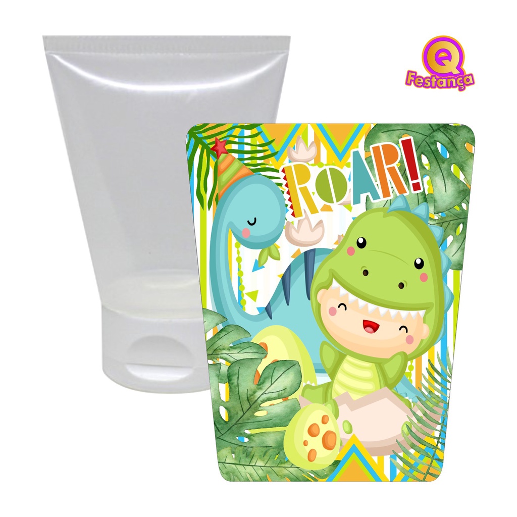 Bisnaga 30ml + Adesivo Dino Verde VÁRIAS CORES - Lembrancinha Festa Brigadeiro Álcool Gel
