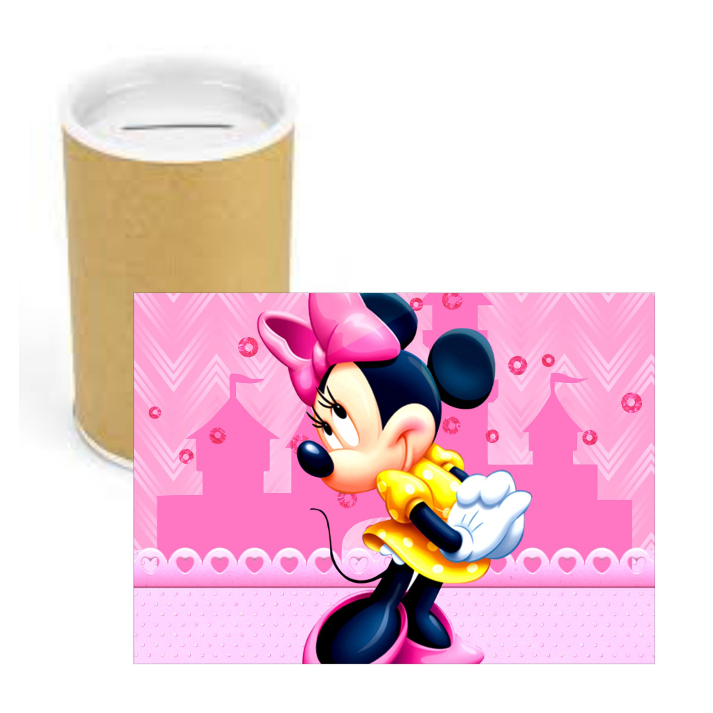 Cofrinho de Papelão + Adesivo Minnie Rosa VÁRIAS CORES - Cofre Lembrancinha Festa Aniversário