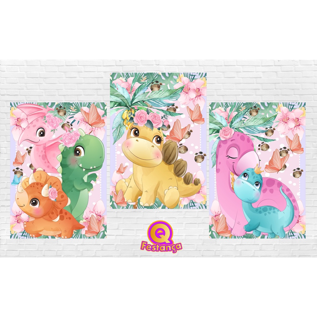 Poster Dino Baby Rosa 30x40cm - KIT COM 3 POSTER