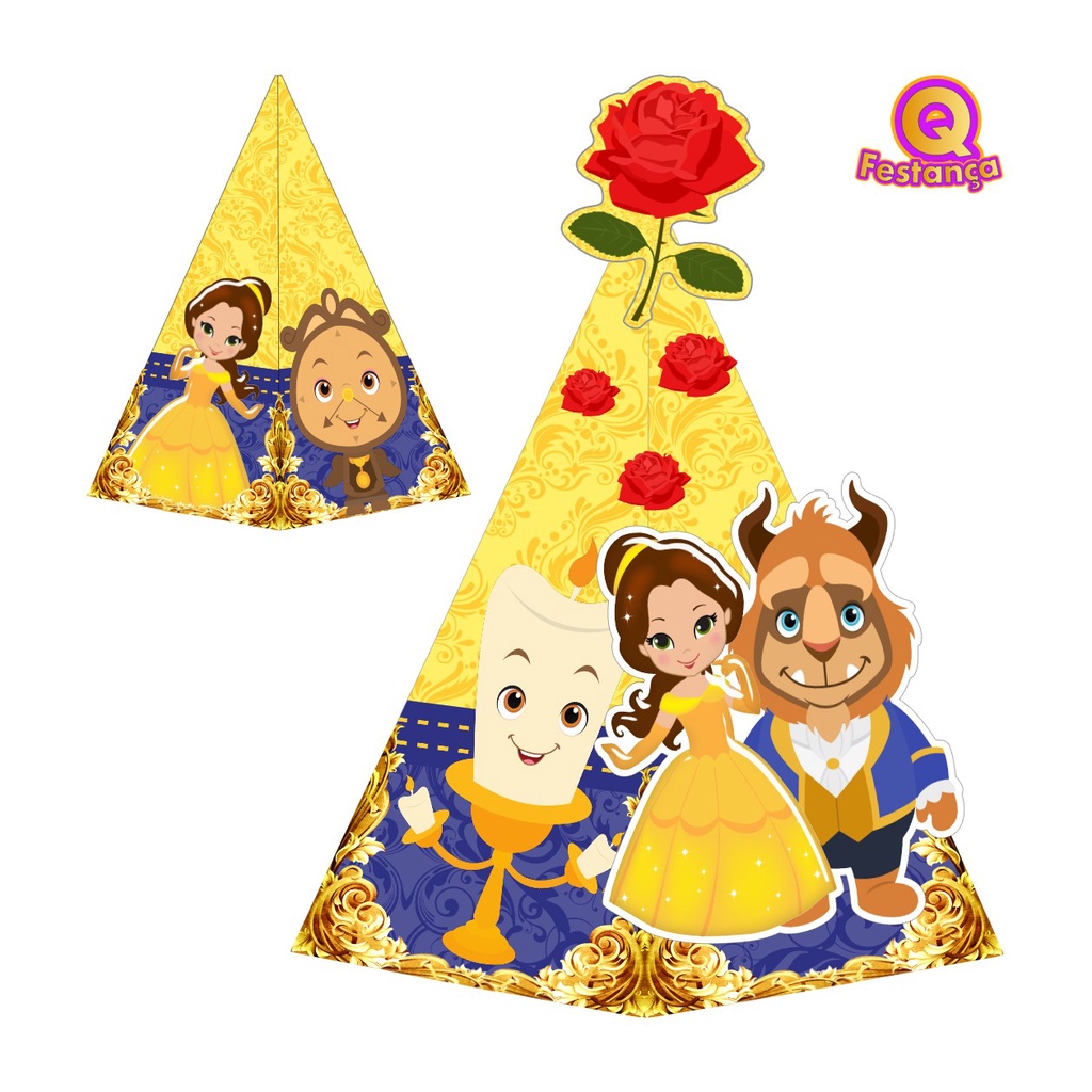 Caixa Cone Decoração CUTE A Bela e a Fera com Aplique 3D - Decoração de Festa e Mesversário