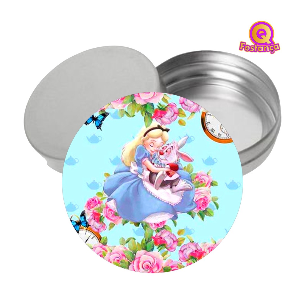 Adesivo + Latinha Alice Aquarela 5cm - Acrílico Decoração Festa Aniversário Lembrancinha