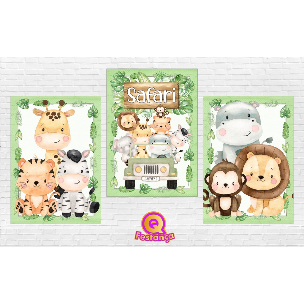 Poster Safari Aquarela 30x40cm - KIT COM 3 POSTER