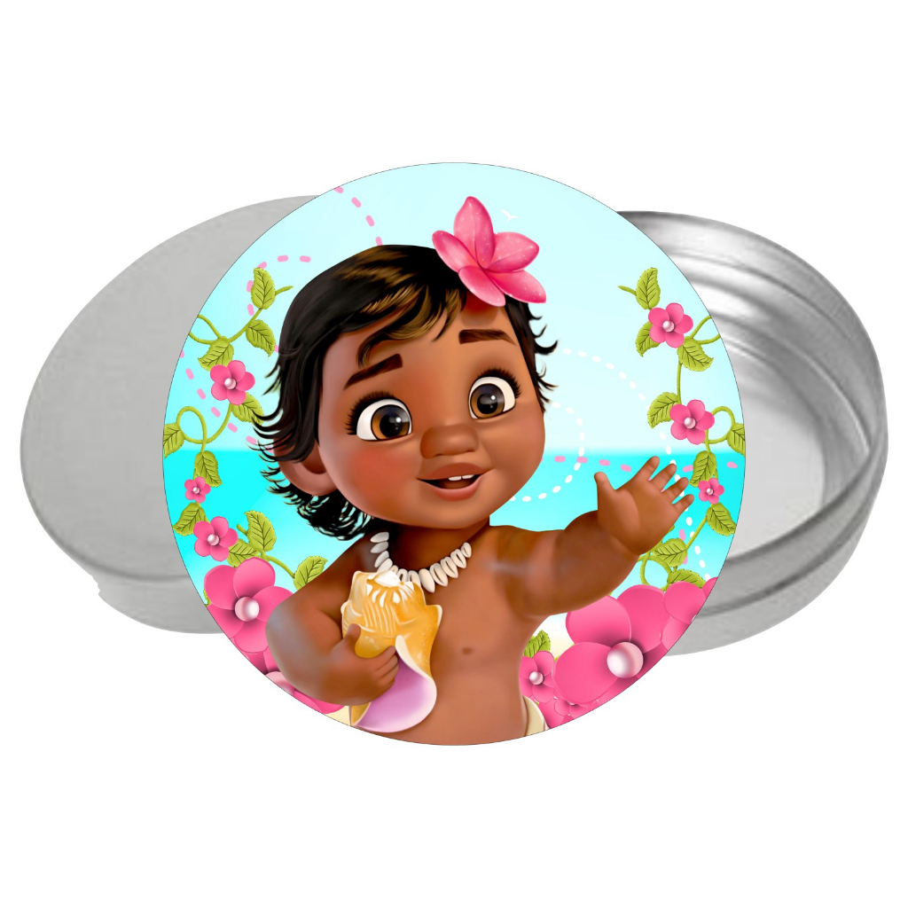 Adesivo + Latinha Moana Baby 5cm - Acrílico Decoração Festa Aniversário Lembrancinha