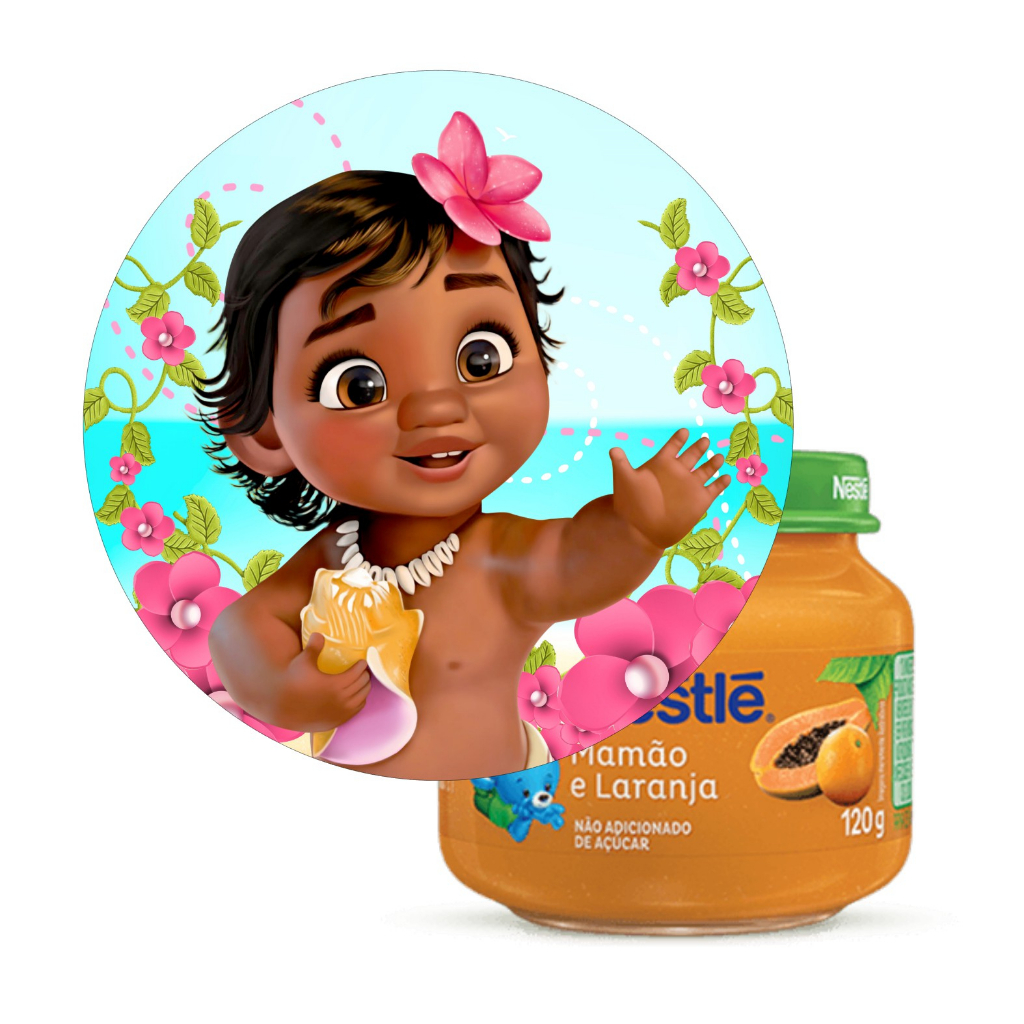 10 Adesivos para Tampa Papinha 5cm Moana Baby - Pronto para Aplicação, Decoração Festa Aniversário