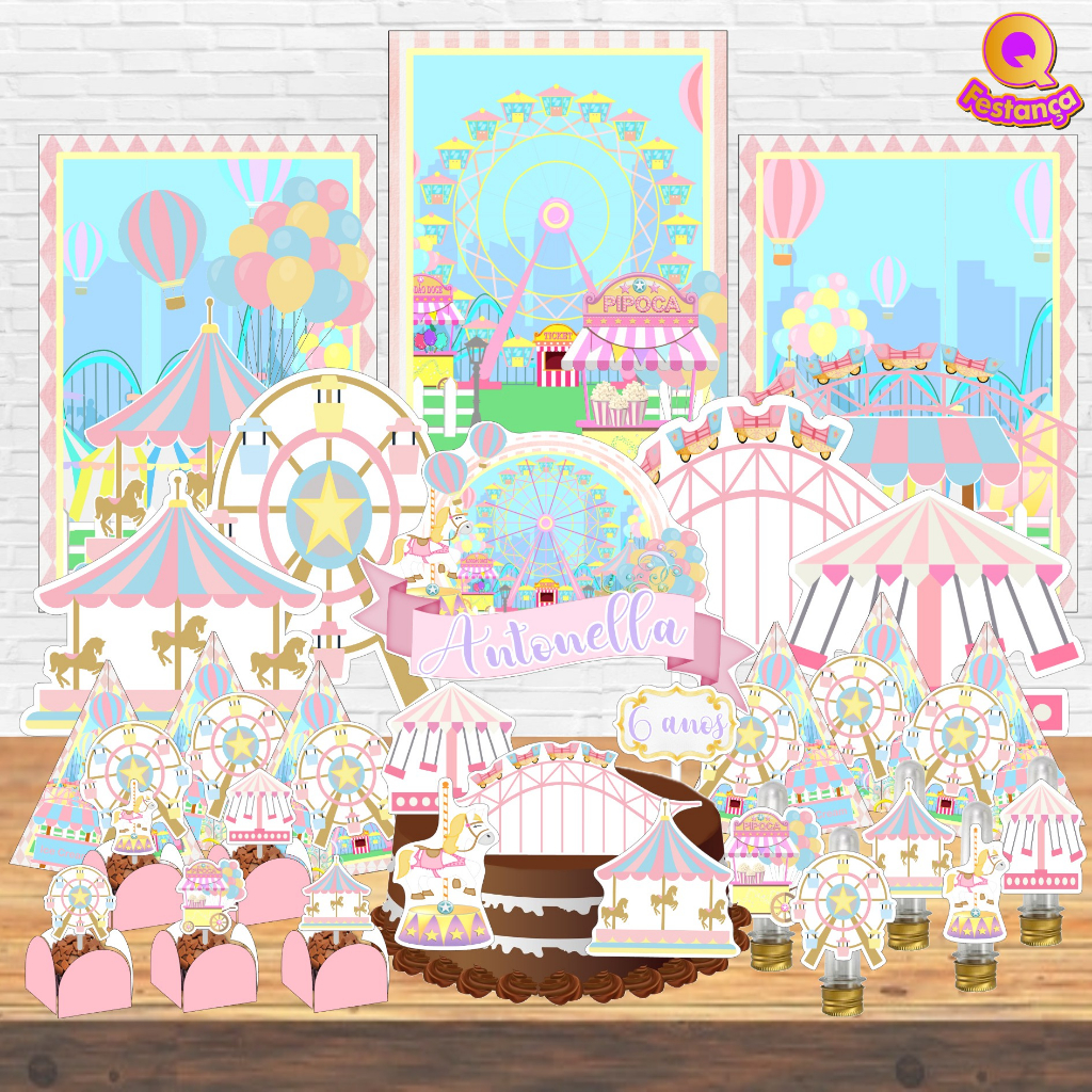 Kit Festa Personalizada Parque Carrossel Roda Gigante Cute *78 itens* Topo de Bolo Lembrancinha
