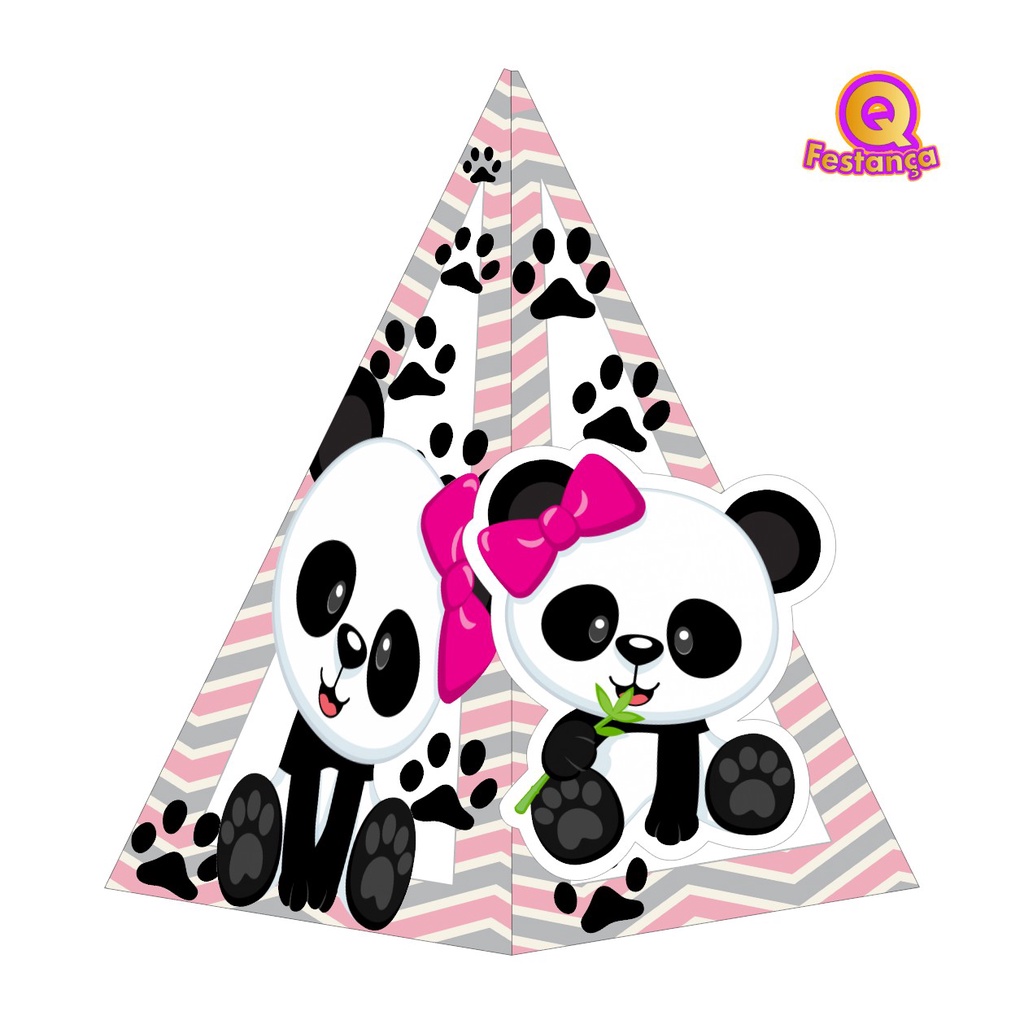 Caixa Cone Decoração Panda Rosa com Aplique 3D - Decoração de Festa e Mesversário
