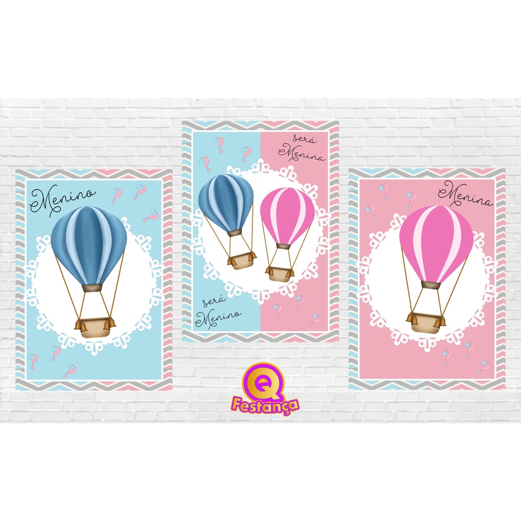 Poster Chá Revelação Balão Azul e Rosa 30x40cm - KIT COM 3 POSTER