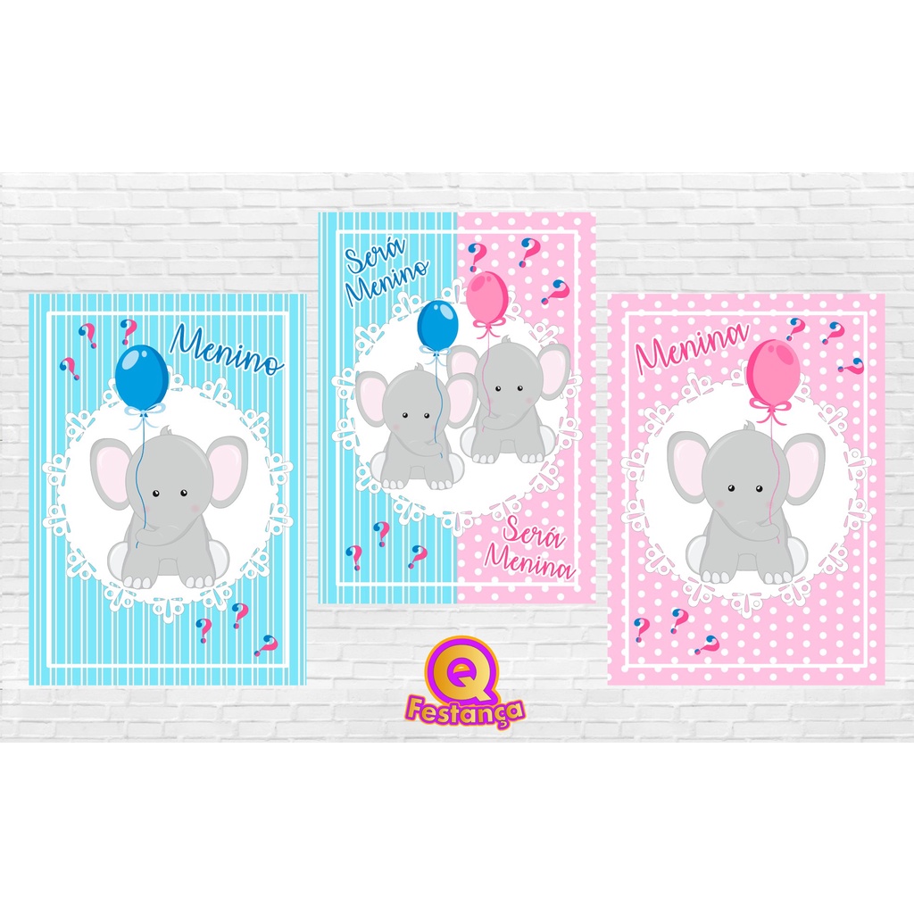 Poster Chá Revelação Elefantinho Rosa e Azul 30x40cm - KIT COM 3 POSTER