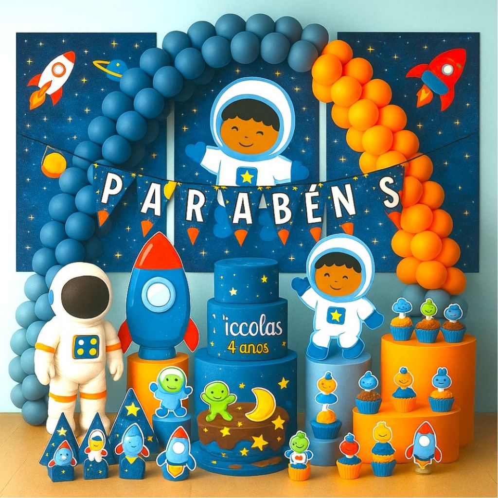 Kit Festa Aniversário Personalizado Astronauta Cacheado 78 itens - Decoração Lembrancinhas Moreno