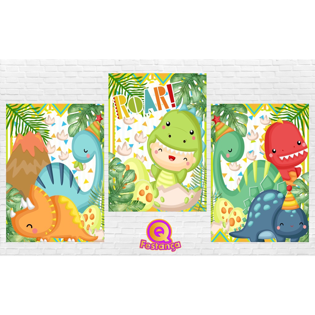 Poster Dino Baby 30x40cm - KIT COM 3 POSTER- Decoração Festa Aniversário