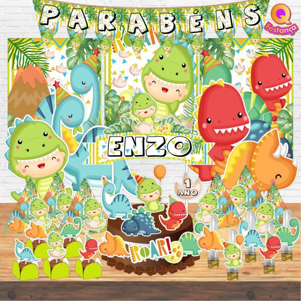 Kit Festa Aniversário Personalizado Dino Baby Menino Dinossauro- Decoração Mesversario Lembrancinhas