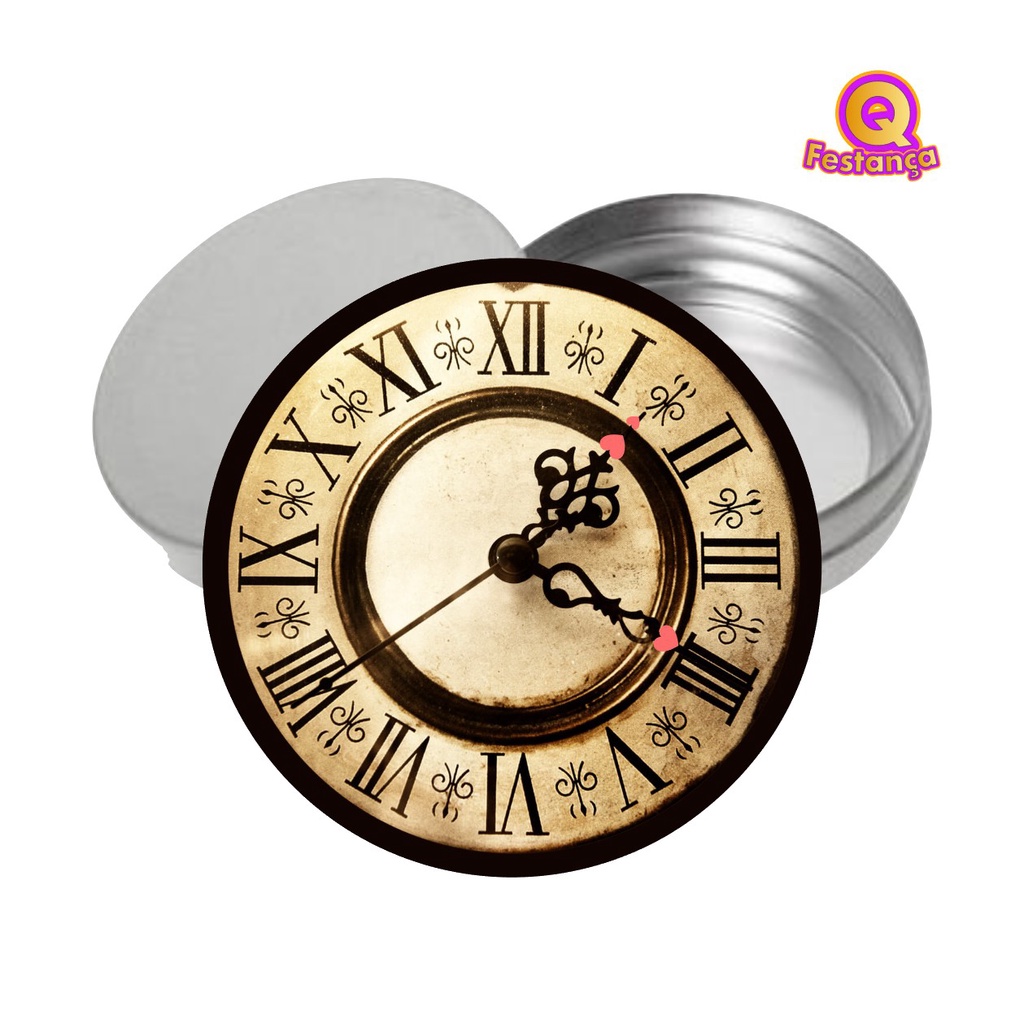 Adesivo + Latinha RELÓGIO Alice 5cm- Acrílico Decoração Festa Aniversário Lembrancinha