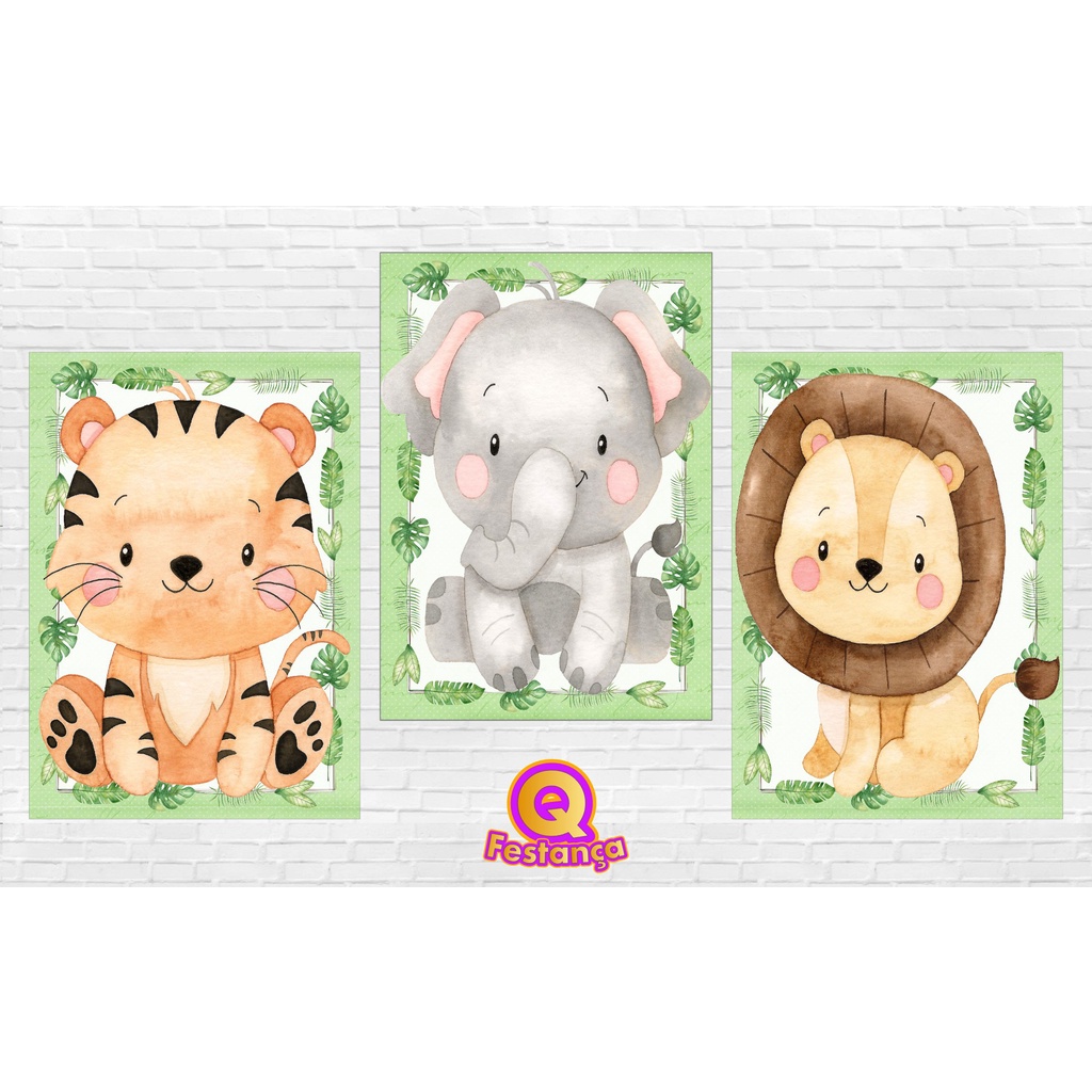 Poster Safari Aquarela Bichinhos Individuais 30x40cm - KIT COM 3 POSTER