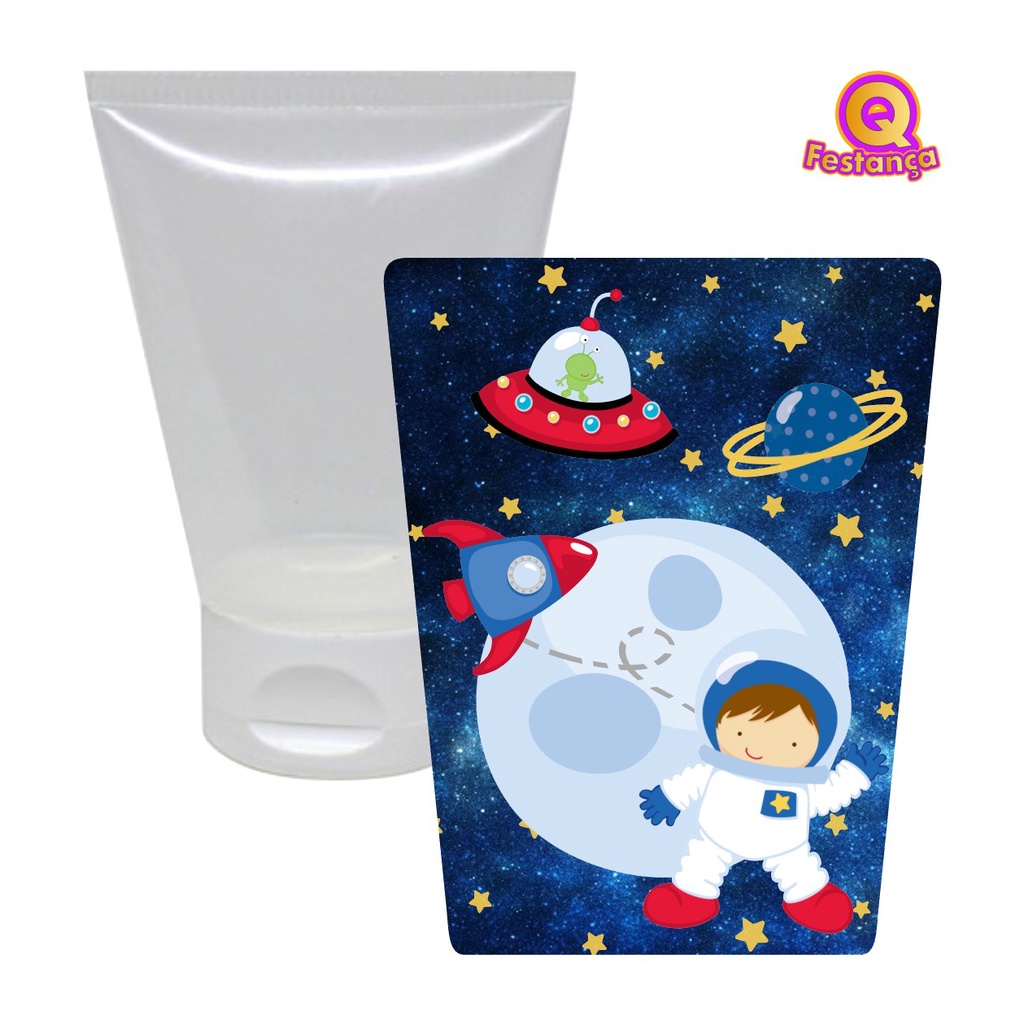 Bisnaga 30ml + Adesivo Astronauta VÁRIAS CORES - Lembrancinha Festa Brigadeiro Álcool Gel