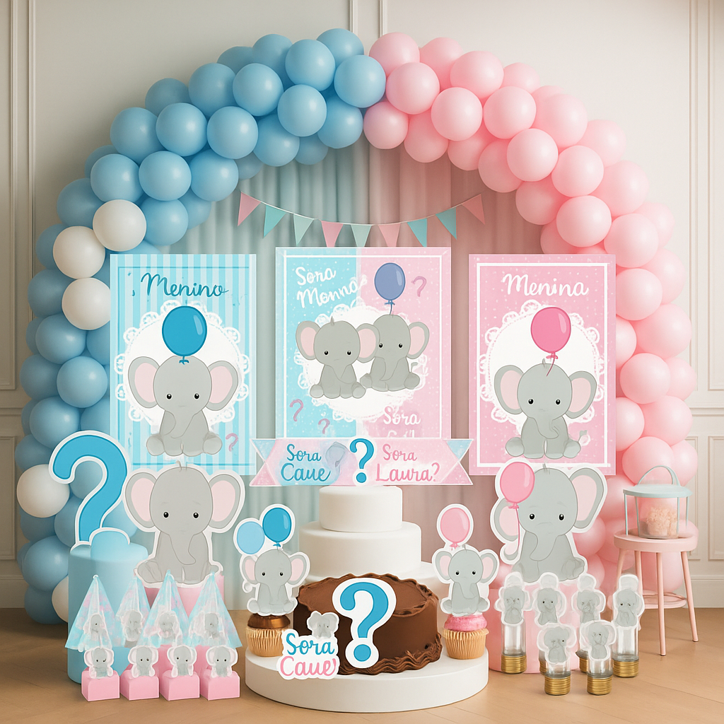 Kit Festa Personalizado Chá Revelação Elefantinho Rosa Azul 78 itens - Decoração Lembrancinhas