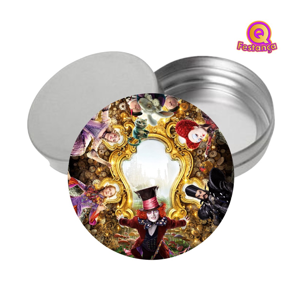 Adesivo + Latinha Alice Através do Espelho 5cm - Acrílico Decoração Festa Aniversário Lembrancinha