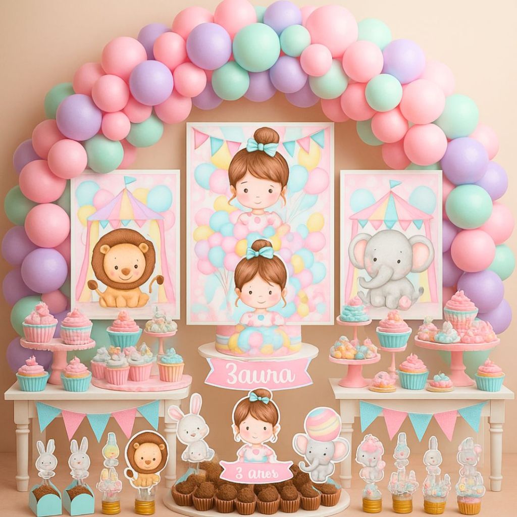 Kit Festa Aniversário Personalizado Circo Rosa Aquarela 78 itens-Decoração Mesversario Lembrancinhas