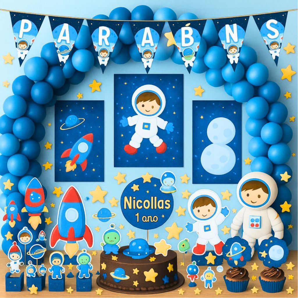 Kit Festa Aniversário Personalizado Astronauta 78 itens - Decoração Mesversario Lembrancinhas
