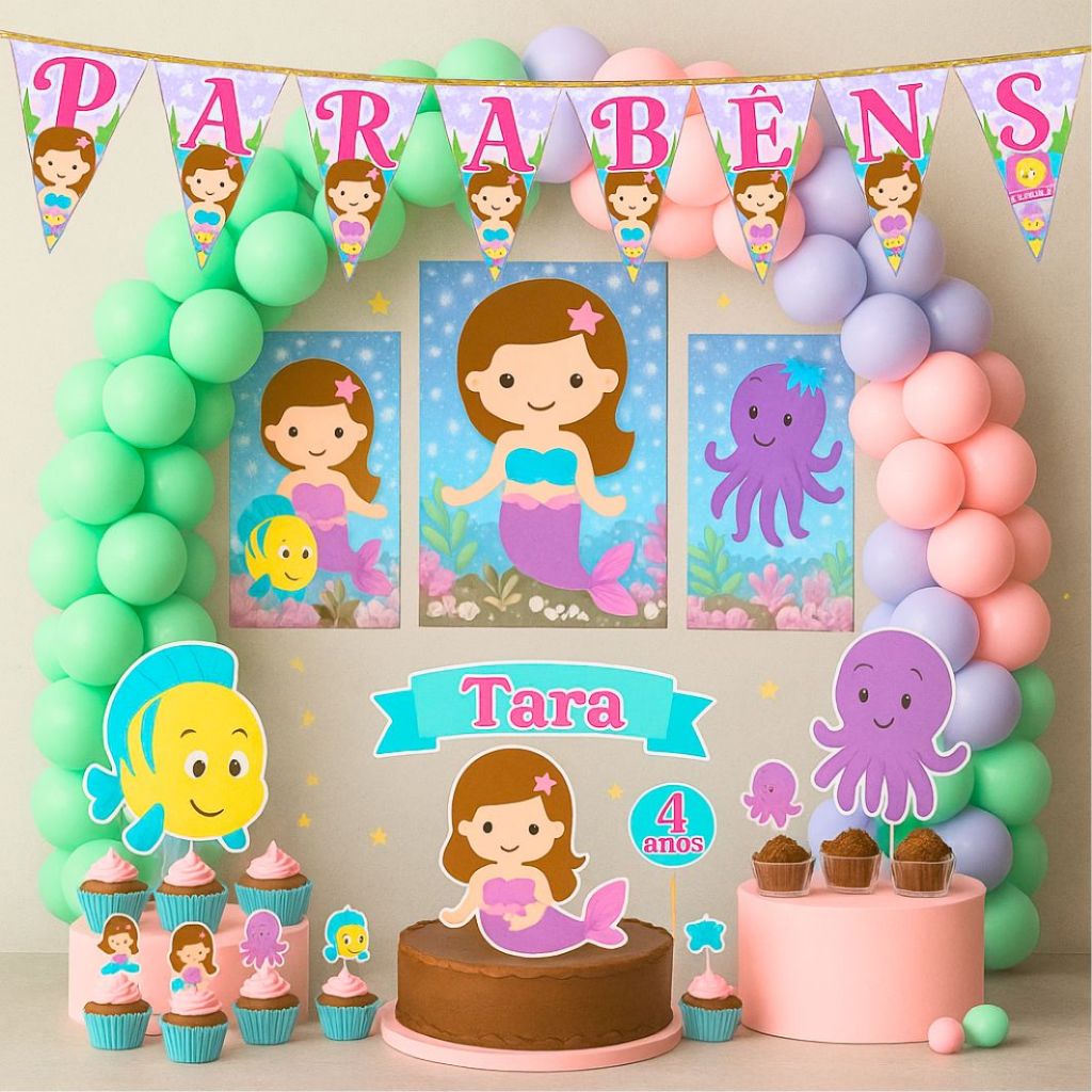 Kit Festa Aniversário Personalizado CUTE Sereia 78 itens - Decoração Mesversario Lembrancinhas Ariel