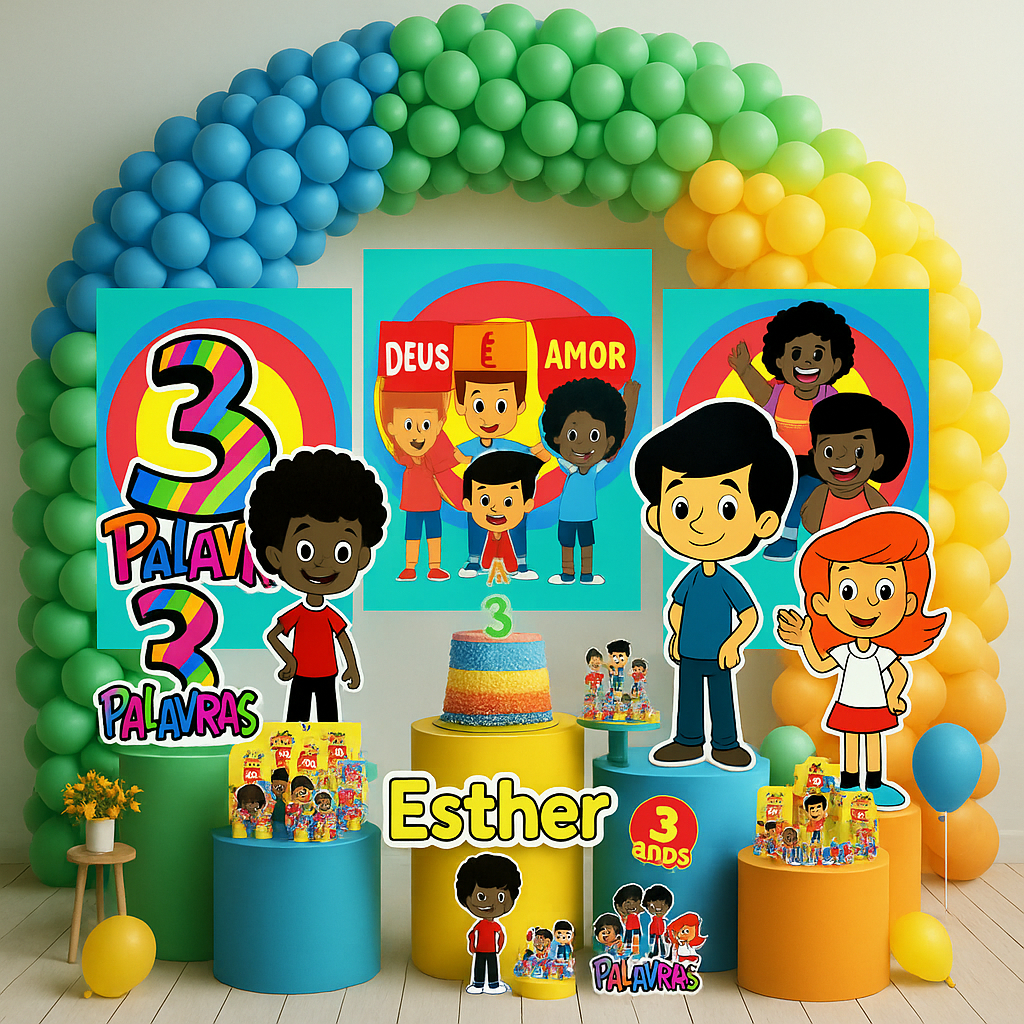 Kit Festa Aniversário Personalizado 3 Palavrinhas Deus 78 itens- Decoração Mesversario Lembrancinhas