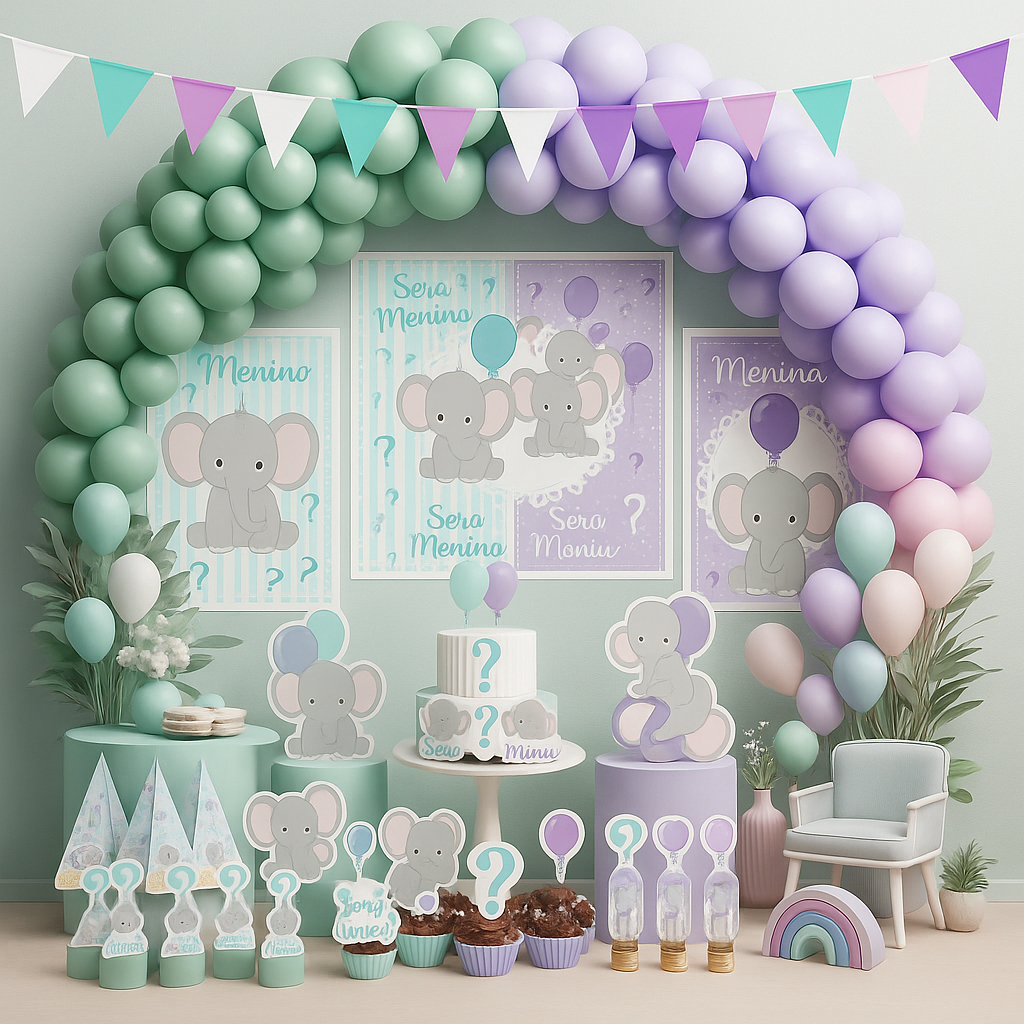 Kit Festa Personalizado Chá Revelação Elefantinho LILÁS e VERDE ÁGUA- Decoração Lembrancinhas