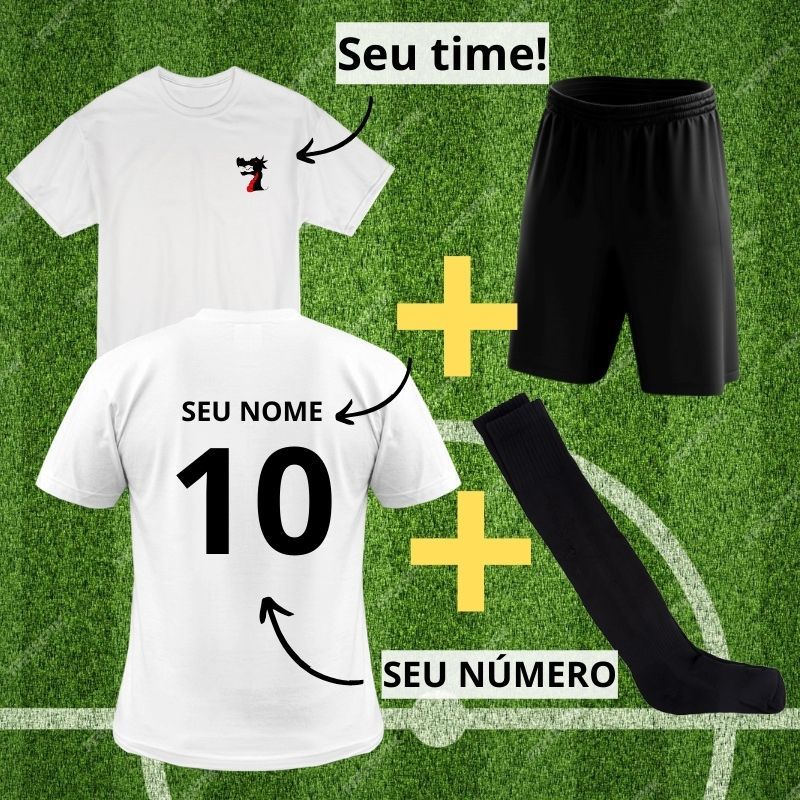 Kit Jogador de Futebol - Camiseta Personalizada + Shorts e Meião várzea times Fut7 Campo Society