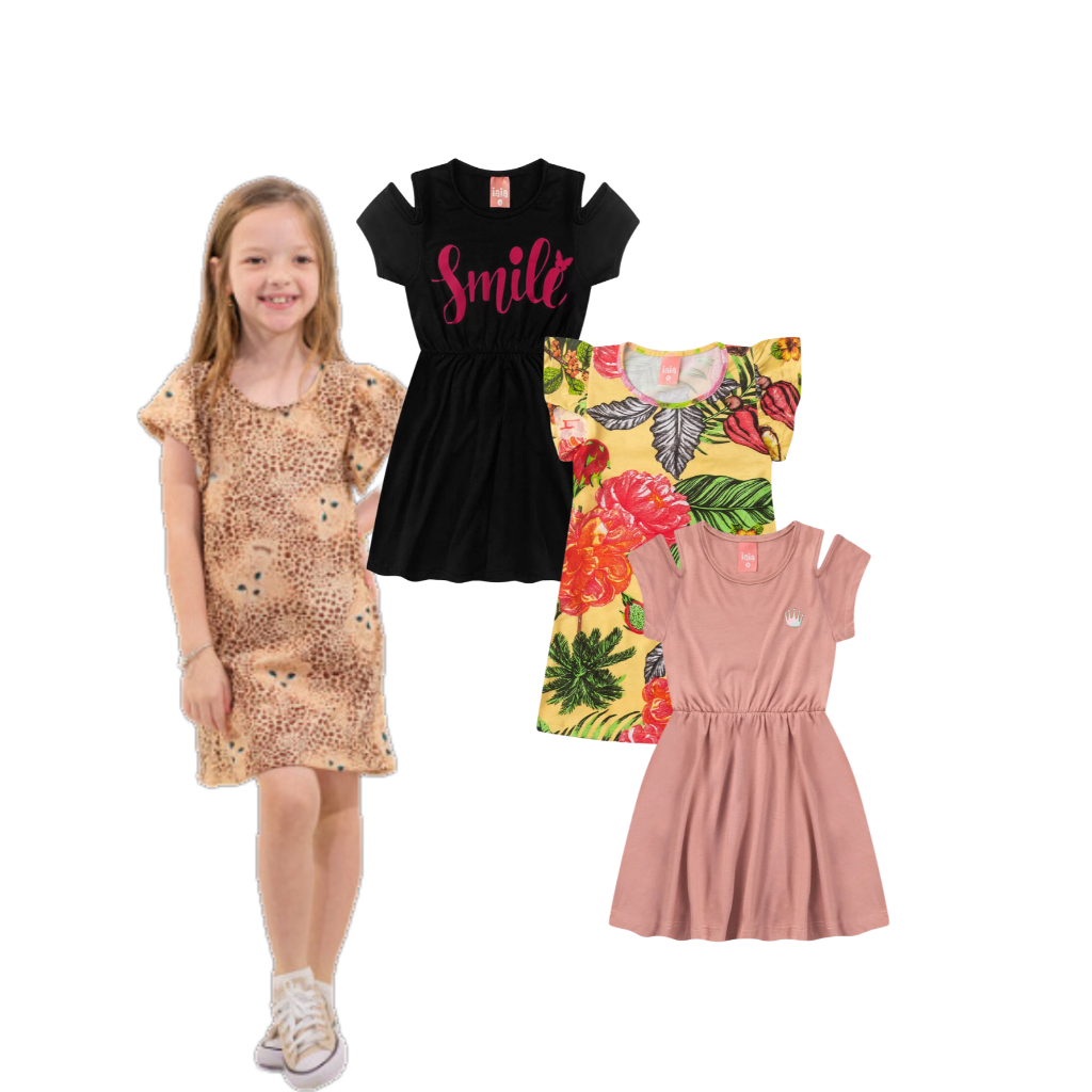Kit 3 Peças P/ Menina Infantil Top Combo Vestido Atacado Rosa Azul Kids
