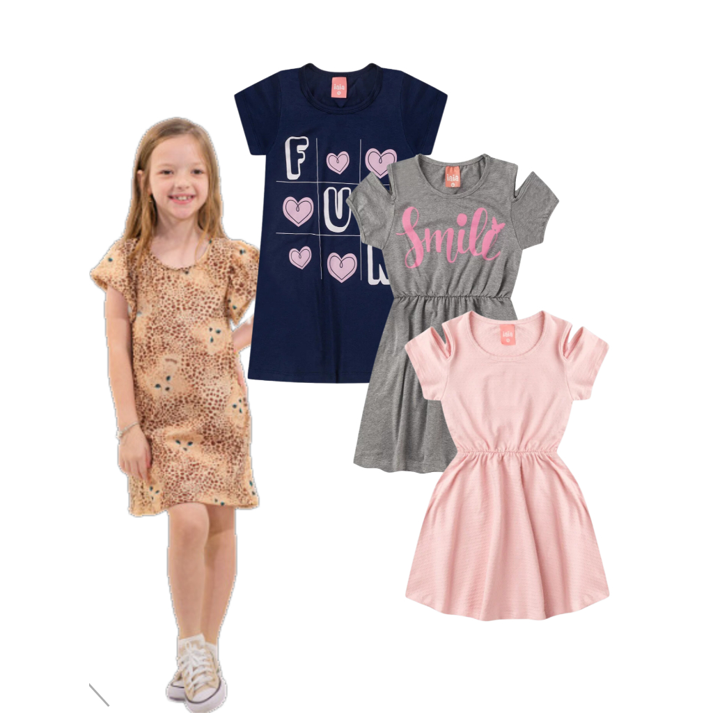 Kit 3 Peças Menina Infantil Promoção Atacado Vestido Variados Sortidos com qualidade Rosa Azul Kids