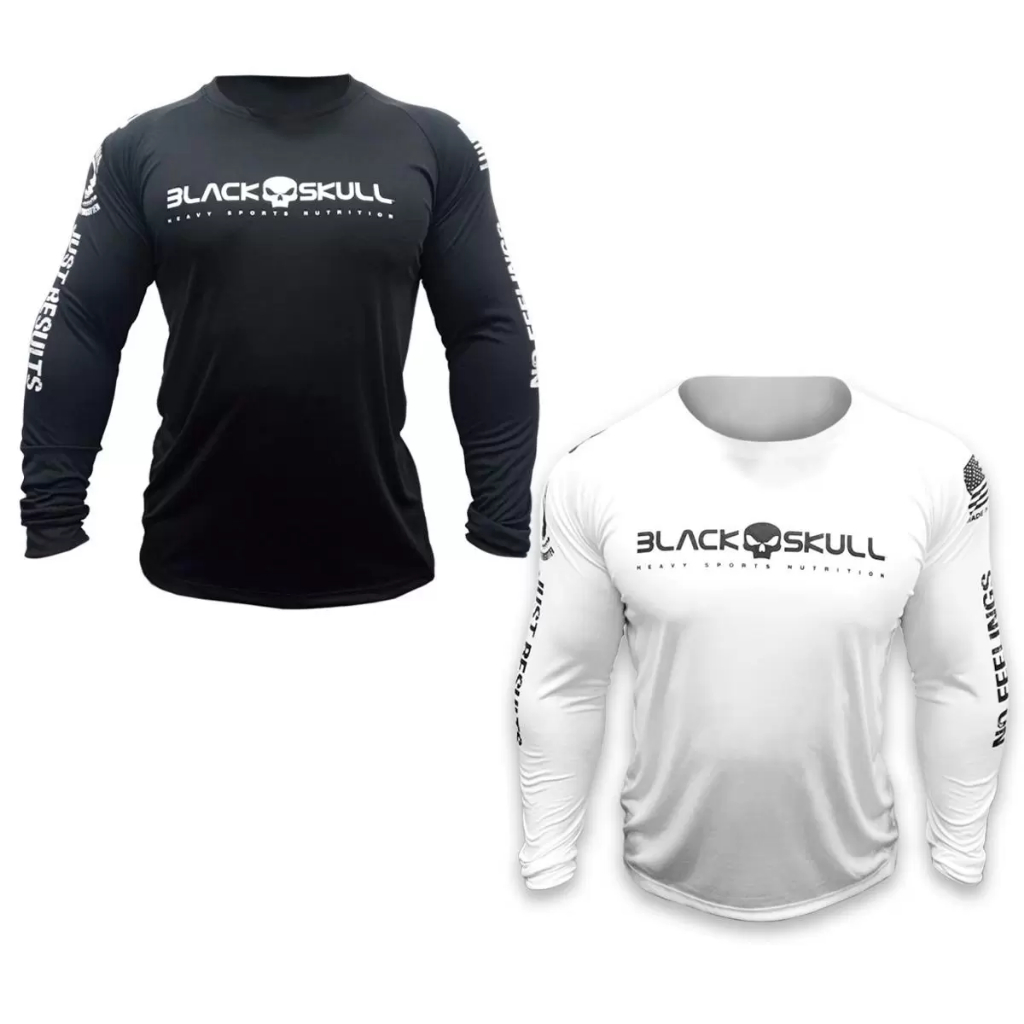 Camiseta Black Skull Original Manga Longa Dry Fit Sports Luta Nutrição Camisa Treino Academia