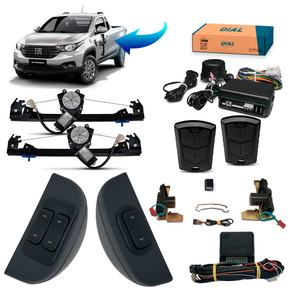Kit Vidro Eletrico e Alarme + Trava Nova Strada 2 Portas (2020/2024)
