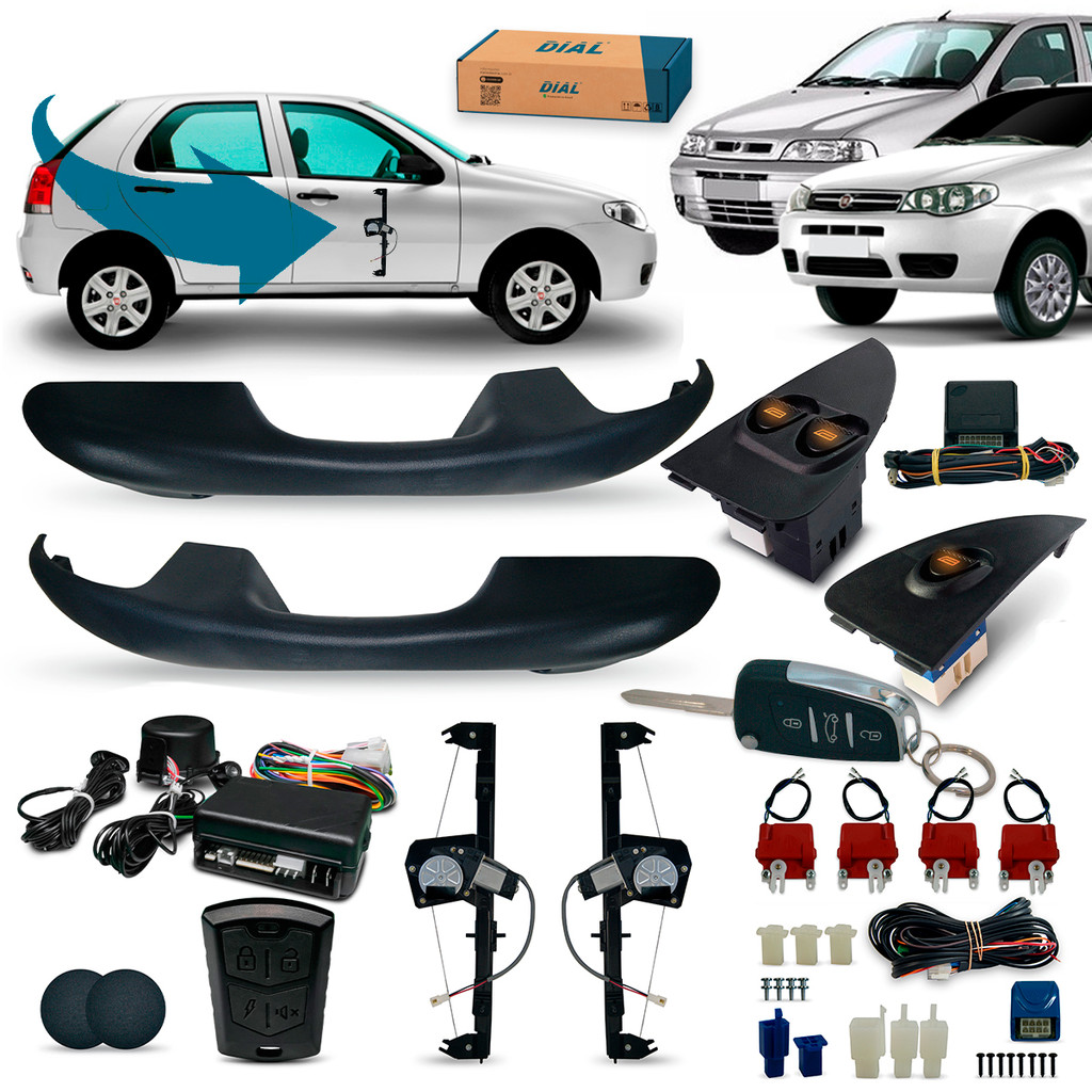 Kit Vidro Eletrico + Trava + Alarme Com Canivete Palio 4 Portas Dianteiro Siena Fire