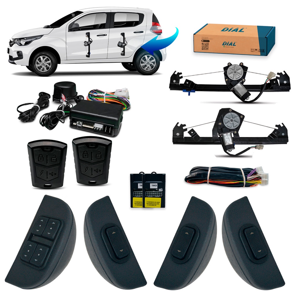 Kit Vidro Elétrico+alarme Mobi 4p Completo Botão Alternativo