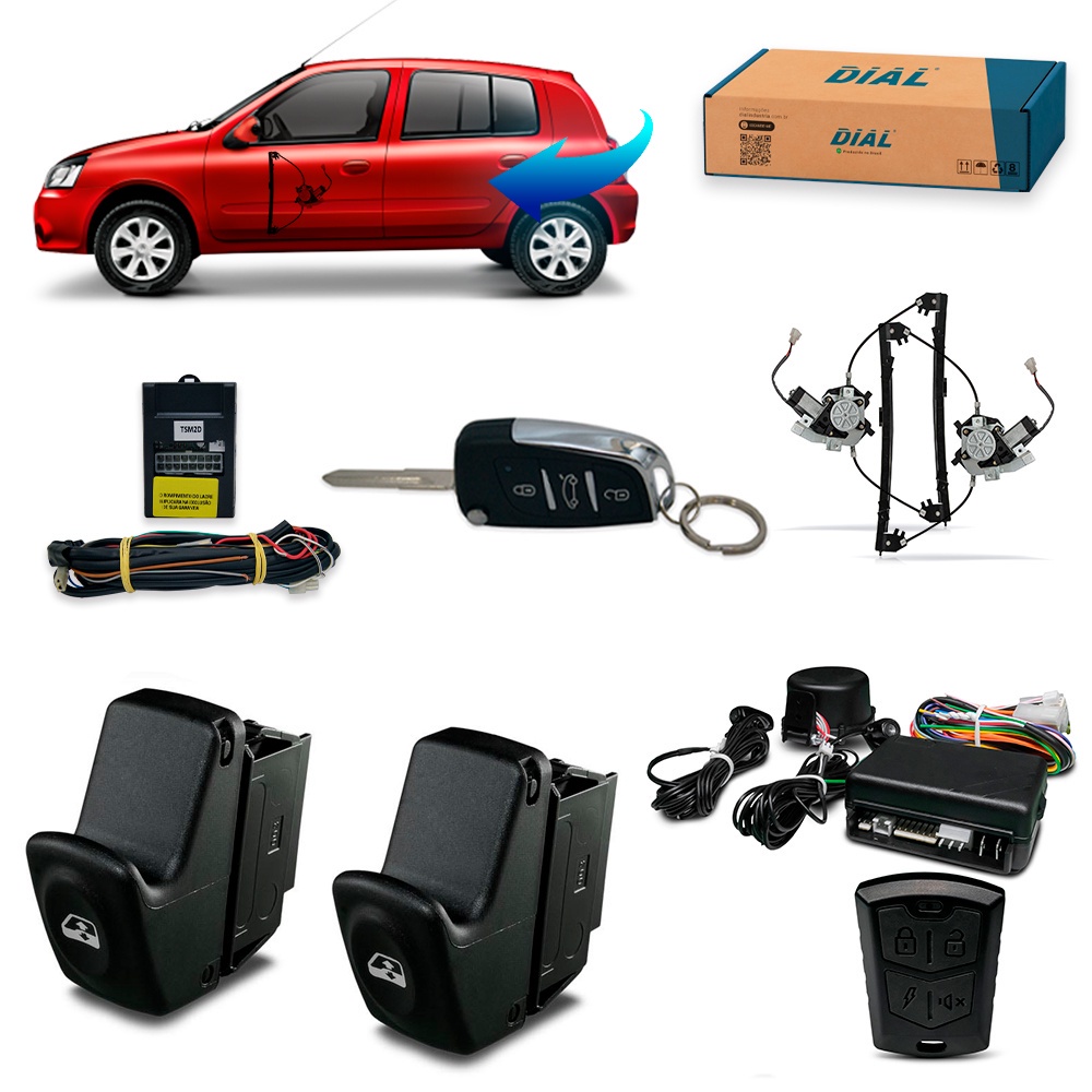 Kit Vidro Elétrico + alarme Canivete Clio 4 Portas Dianteiro 2000/2012