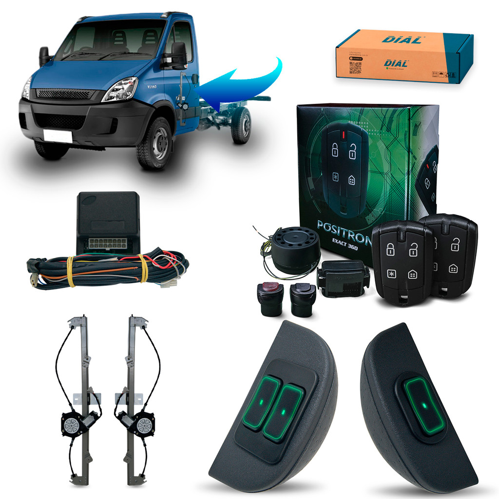 Kit Vidro Elétrico + Alarme Positron Iveco Daily (2008/2022) 12v Ultraled Verde