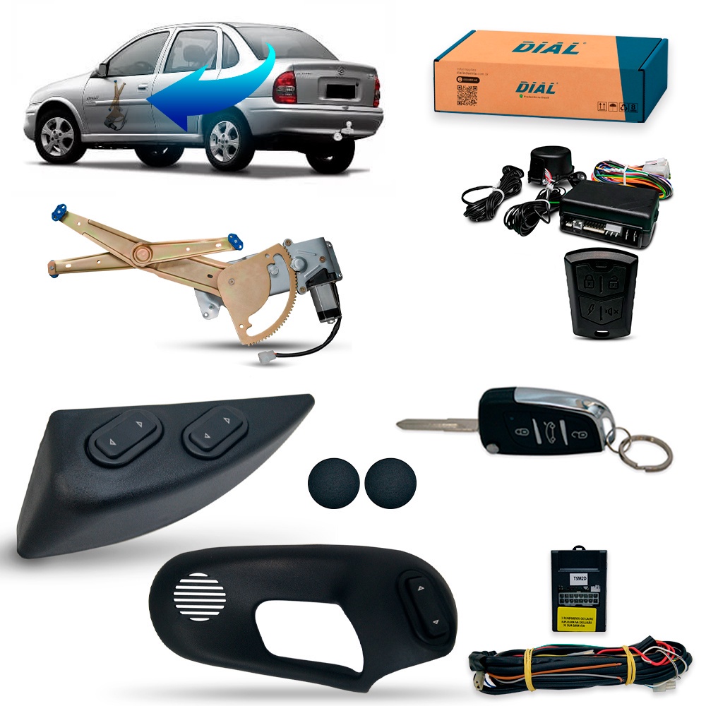 Kit Vidro Eletrico + Alarme c/Canivete Classic 4P Diant (96/16) c/3 botões Inteligente