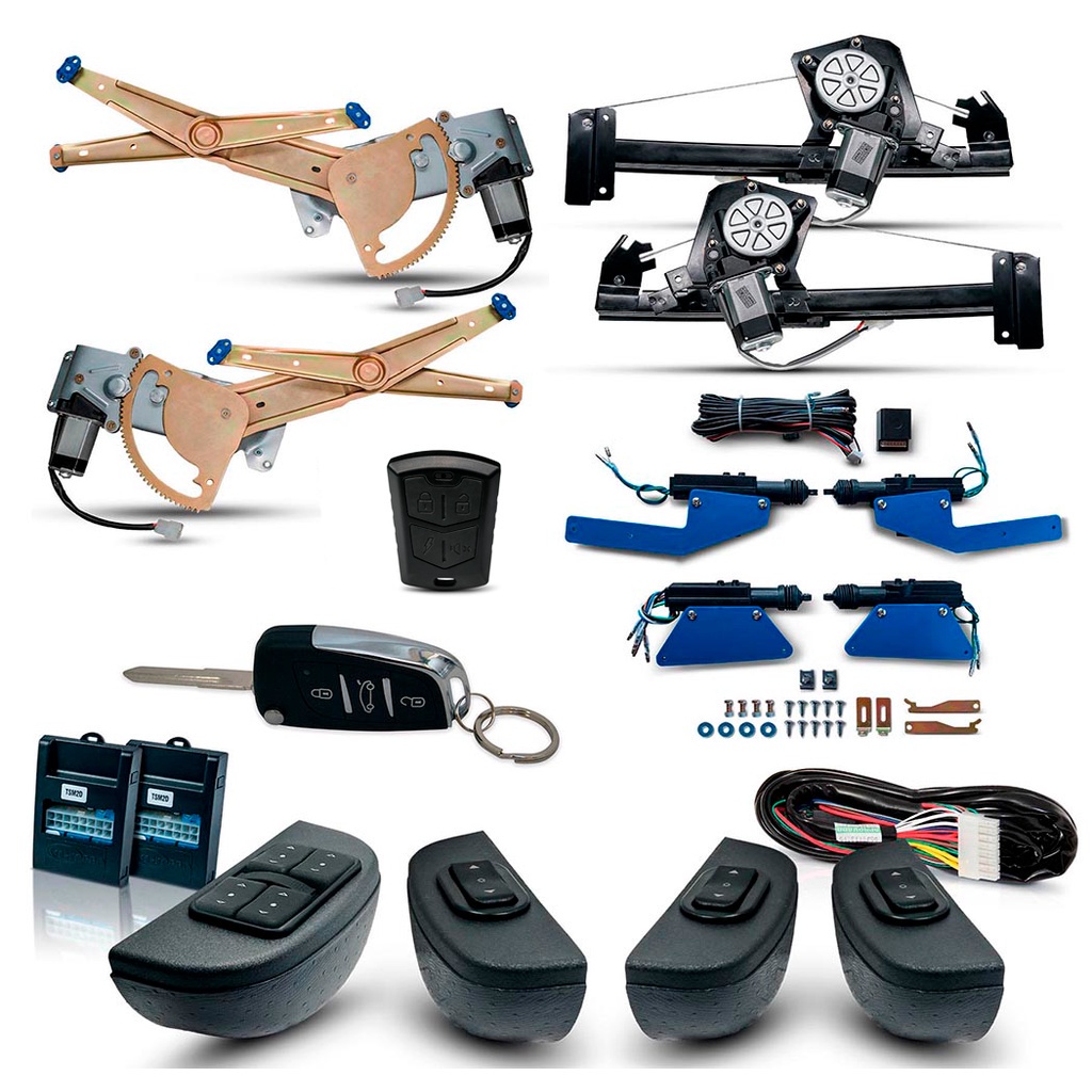Kit vidro Eletrico + Trava e Alarme c/Canivete Classic 4 portas Completo Acabamento Celta