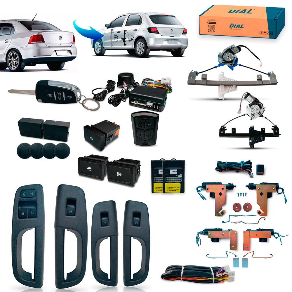 Kit Vidro Elétrico + Trava + Alarme c/Canivete Gol Voyage G5 4 Portas Completo Inteligente