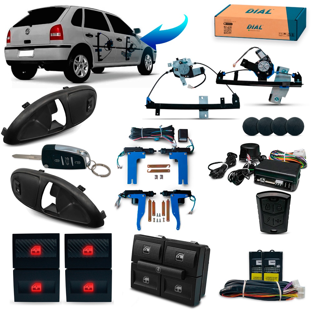 Kit Vidro Eletrico + Trava e Alarme c/Canivete Gol Parati 4P Completo G3 Preto Inteligente