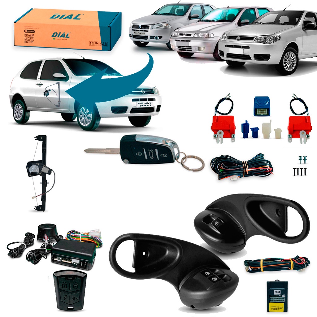 Kit Vidro Eletrico + Trava e Alarme c/Canivete Palio 2P Strada todos c/ Led Verde Inteli