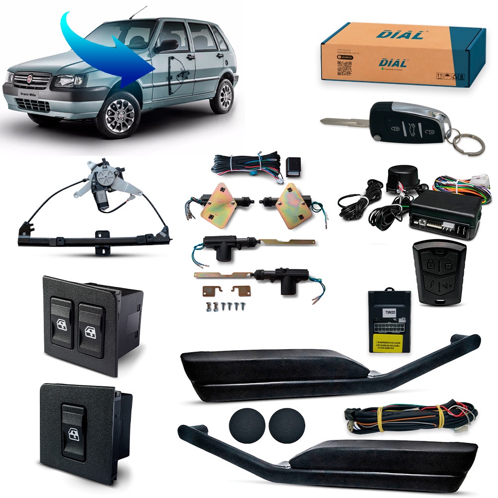 Kit Vidro Eletrico + Trava + Alarme c/Canivete Uno "Quadrado" 4P Dianteiro Inteligente (2004/2014)