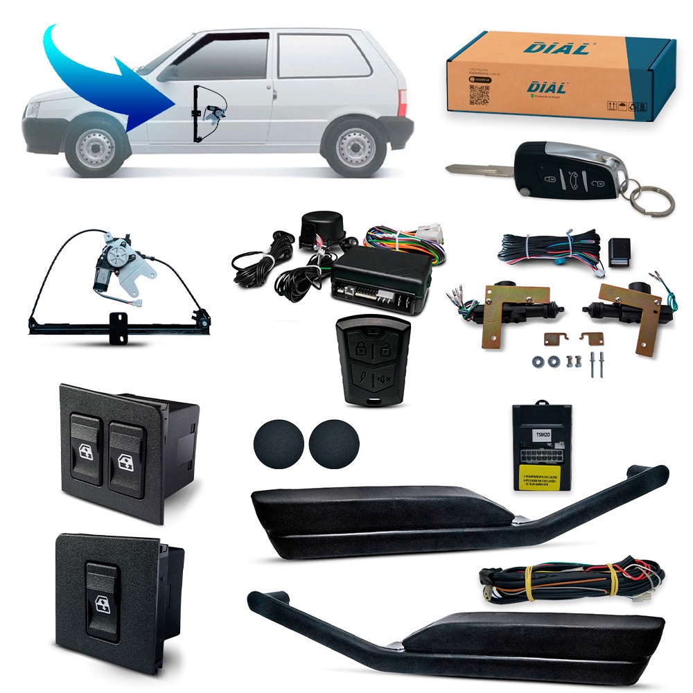 Kit Vidro Eletrico + Trava + Alarme c/Canivete Uno 2 Portas (2004/2014)