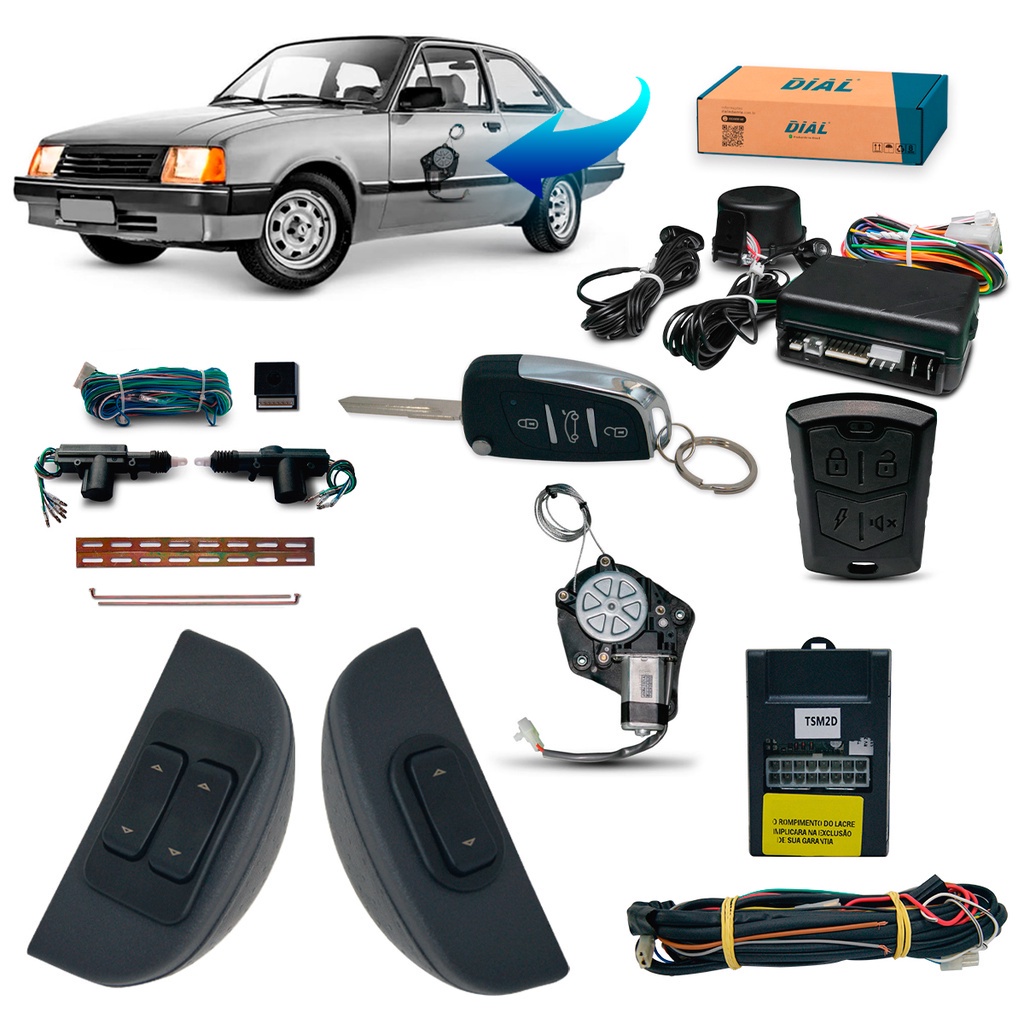 Kit Vidro Eletrico + Trava + Alarme c/Canivete Chevette Chevy Marajo c/quebra-vento (1982/1993)