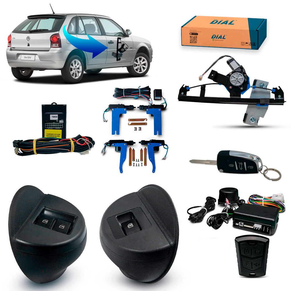Kit Vidro Eletrico + Trava + Alarme c/Canivete Gol G4 4 Portas Dianteiro Mold Grafite