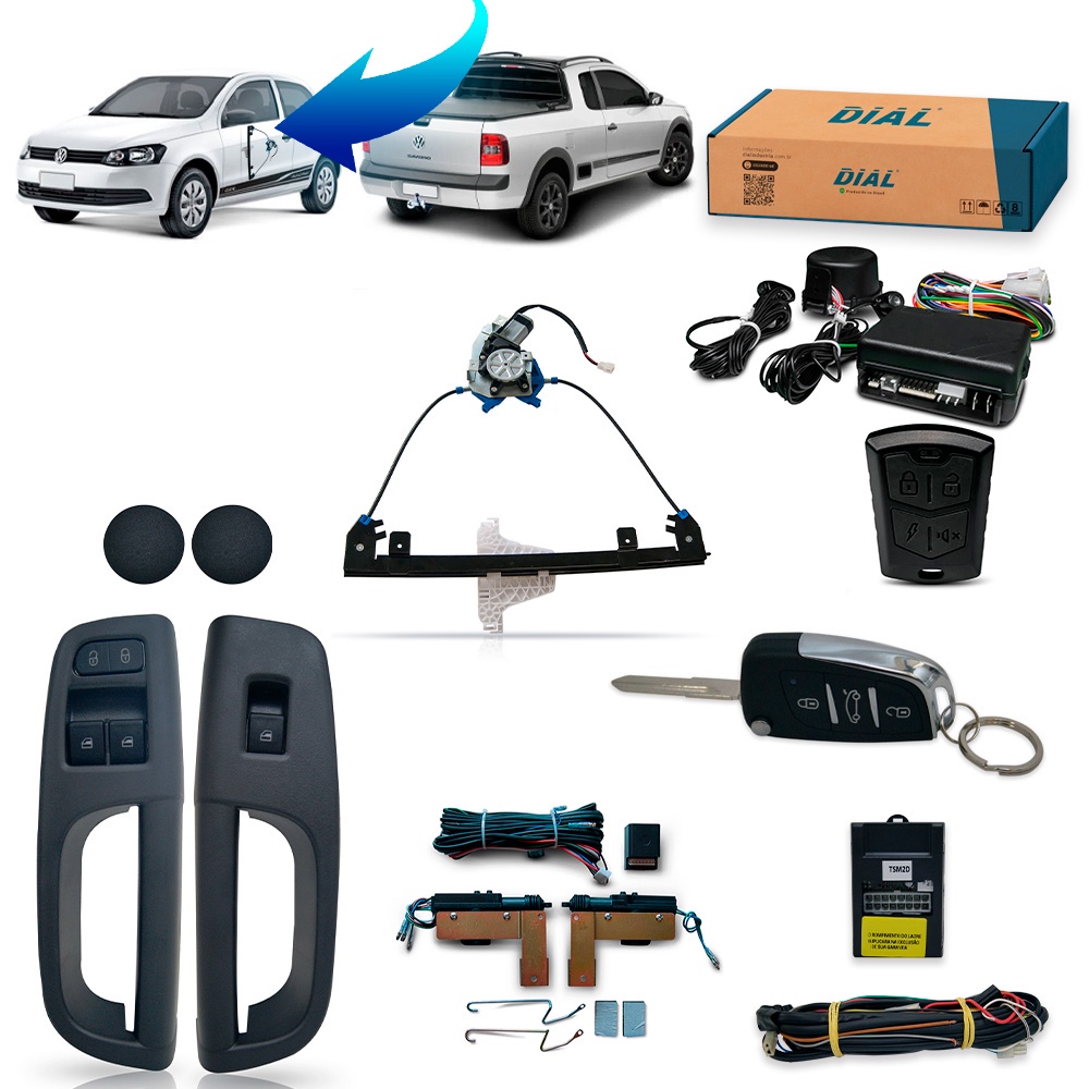 Kit Vidro Eletrico + Trava + Alarme c/Canivete Saveiro G5 / G6 / G7 / Gol 2P G6 / G7  Inteligente