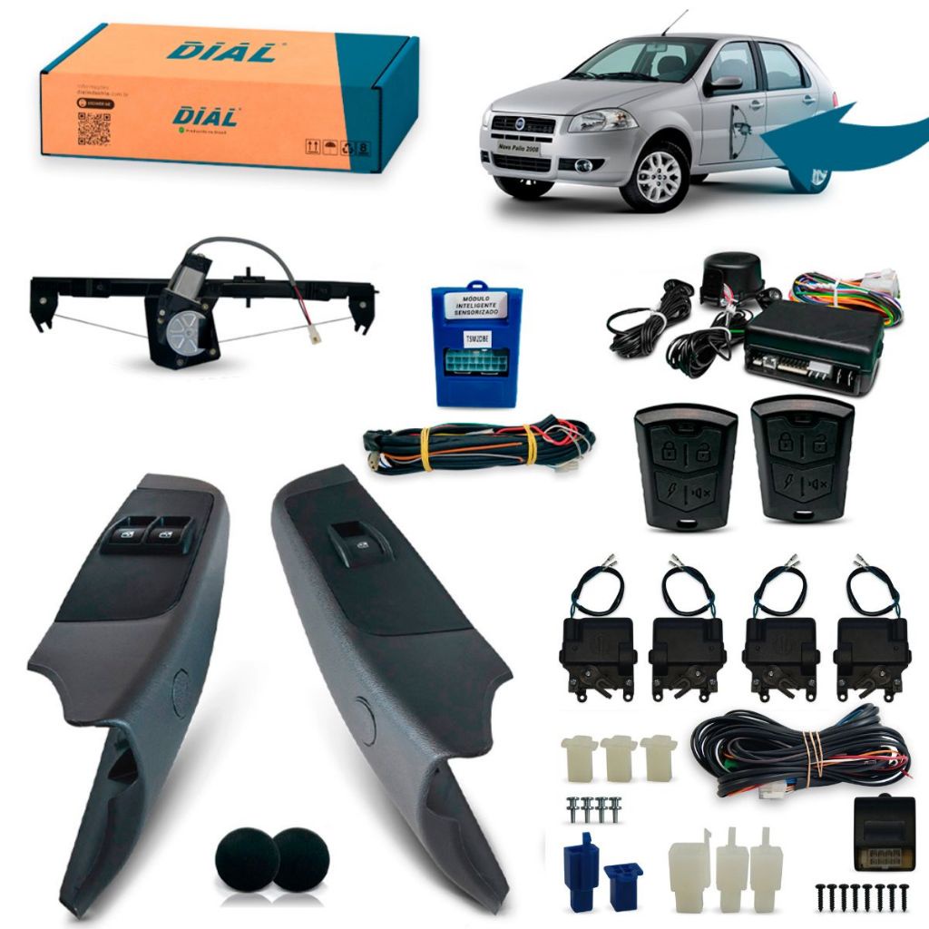 Kit Vidro Eletrico + Trava + Alarme Novo Palio 4 Portas Diantero Acabamento Elx Inteligente