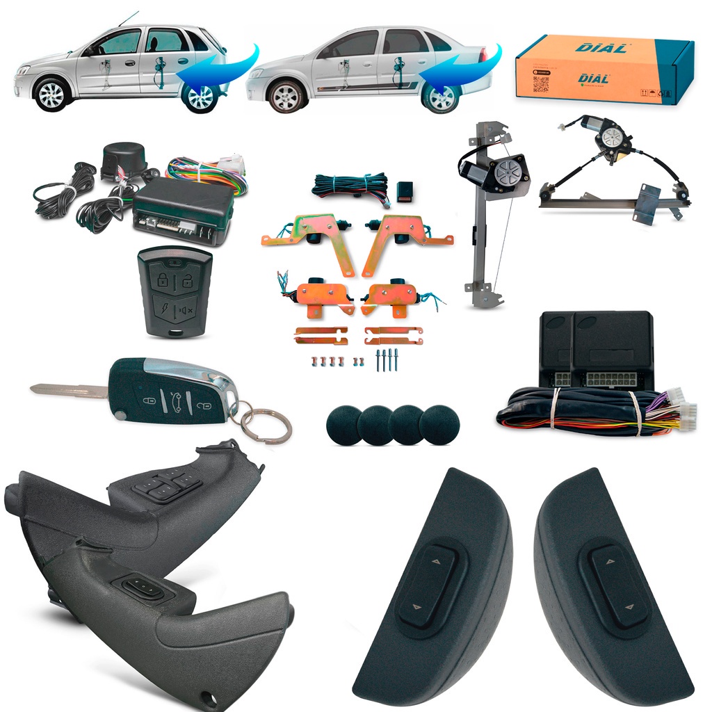 Kit Vidro Eletrico + Trava e Alarme c/Canivete Corsa Joy Maxx 4P Completo Inteligente