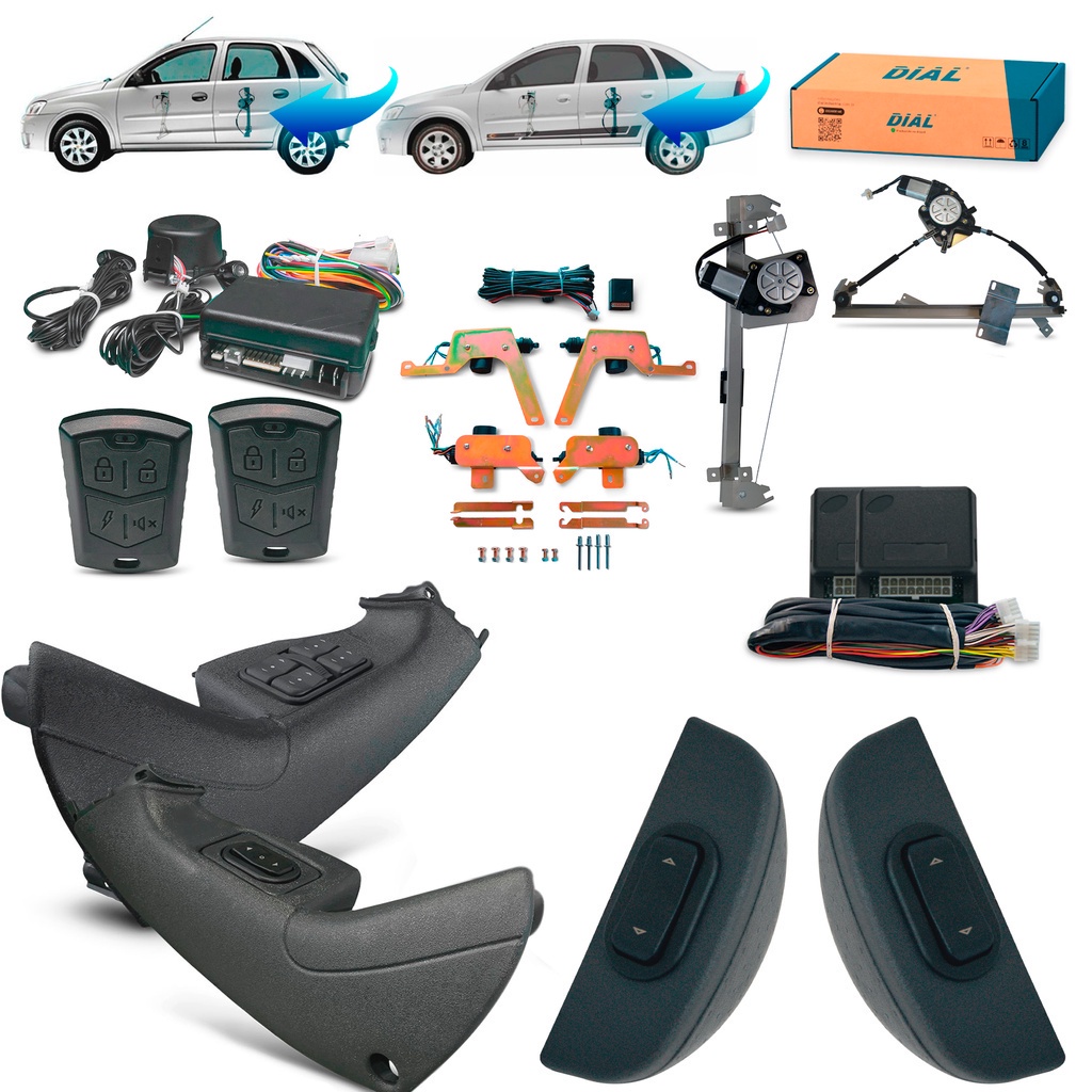 Kit Vidro Elétrico + Alarme + Trava Elétrica Corsa Joy Maxx Hatch ou Sedan 4 Portas Completo Inteligente (2003 a 2012)