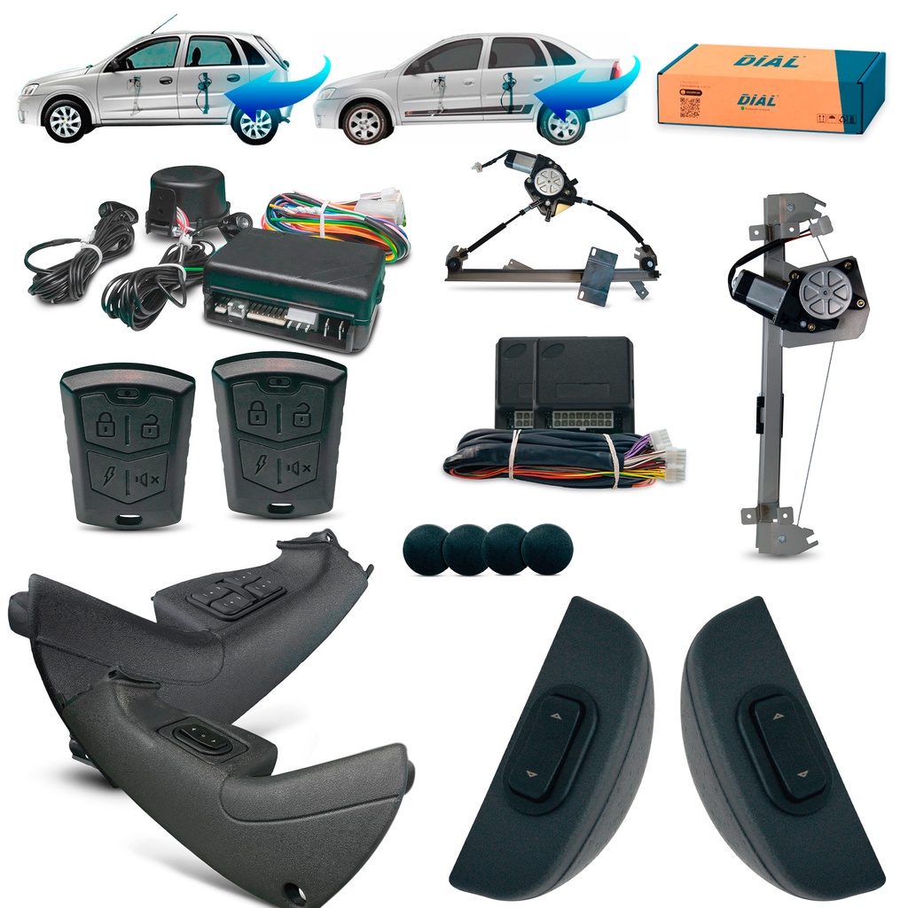 Kit Vidro Elétrico + Alarme Corsa Joy Maxx Hatch ou Sedan 4 Portas Completo Inteligente (2003 a 2012)