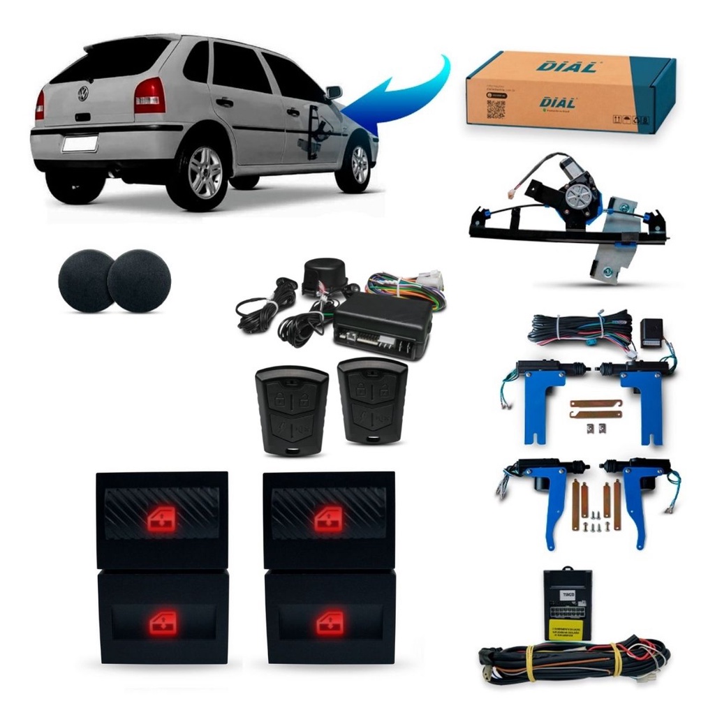 Kit Vidro Elétrico + Trava Eletrica + Alarme Look-Out Gol G3 4 Portas Dianteiro Inteligente
